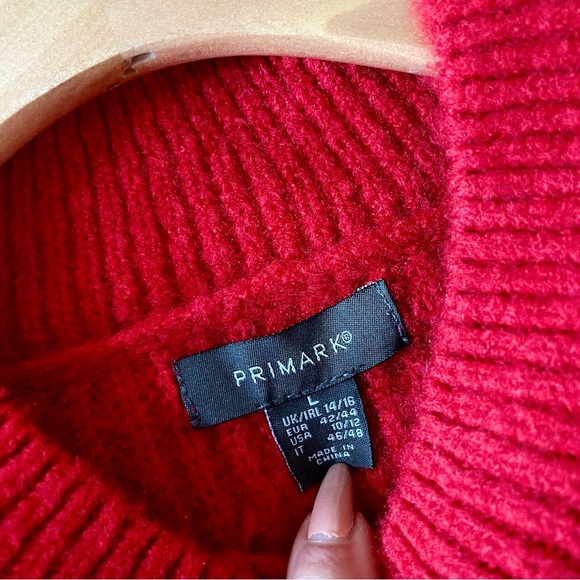 Primark Red, Ribbed, Wide Sleeve, Mockish Neckline, High Low Hemline, Size Large - Picture 8 of 9